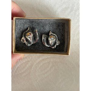Florenza Vintage Iridescent Orange Rhinestone Black Silver Tone Clip-On Earrings